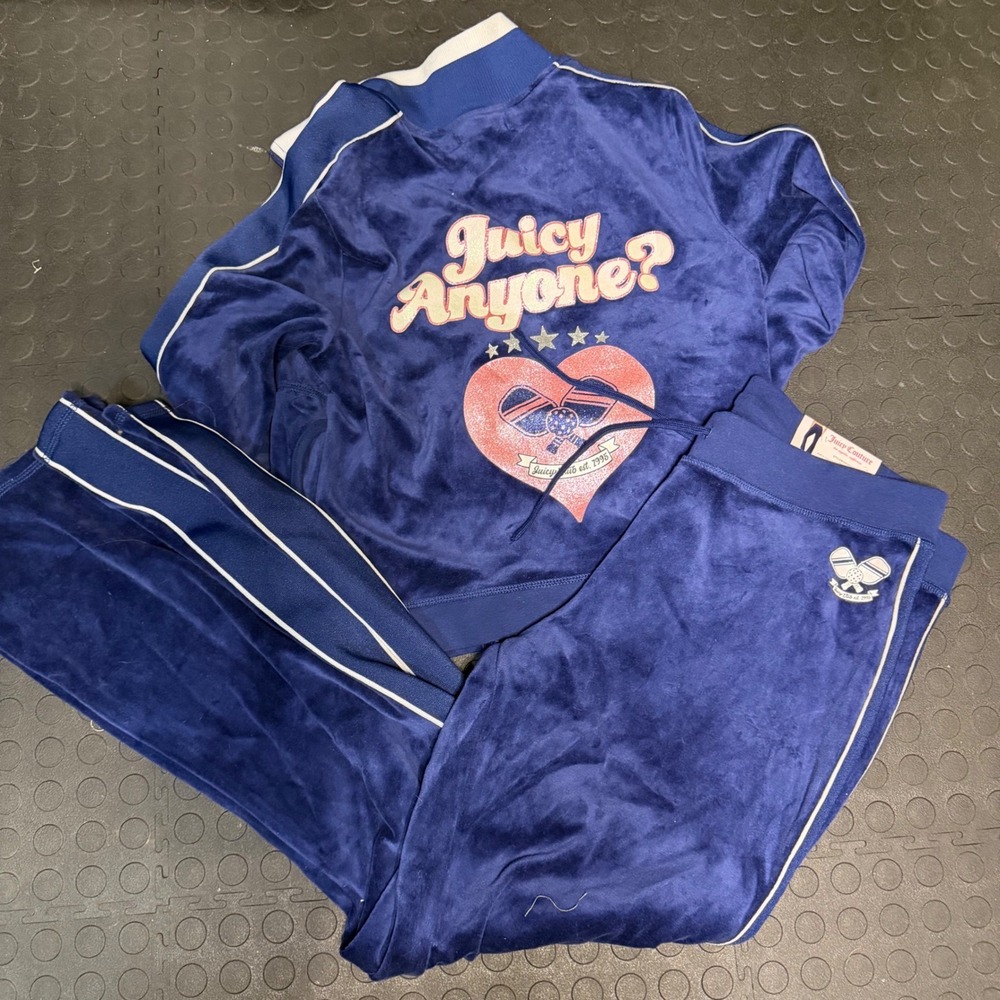 Juicy Couture Blue Velour Tracksuit Set NWT XL Juicy Anyone Tennis Heart Navy